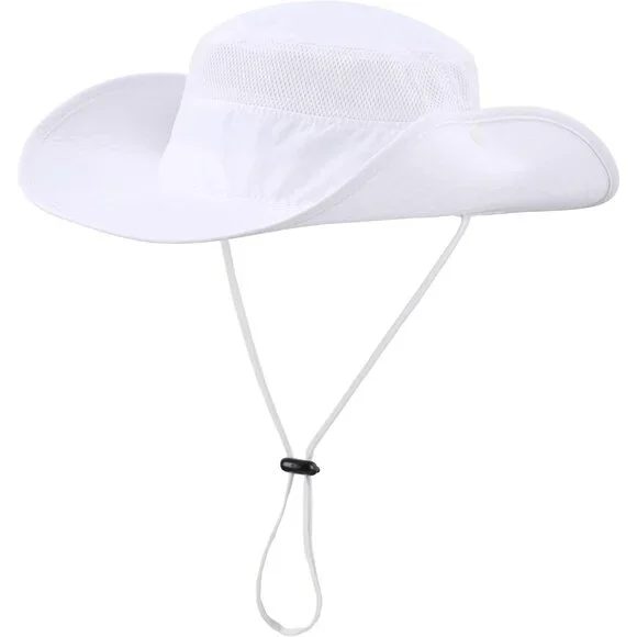 Unisex White 100% Polyester Wide Brim Boonie Mesh With Chin Strap Bucket Sun Hat - Picture 1 of 7